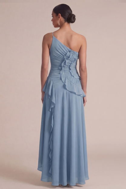 Dusty Blue Wedding Guest Dress One Shoulder Ruffled Maxi Dress 
