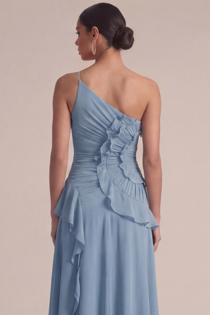 Dusty Blue Wedding Guest Dress One Shoulder Ruffled Maxi Dress 