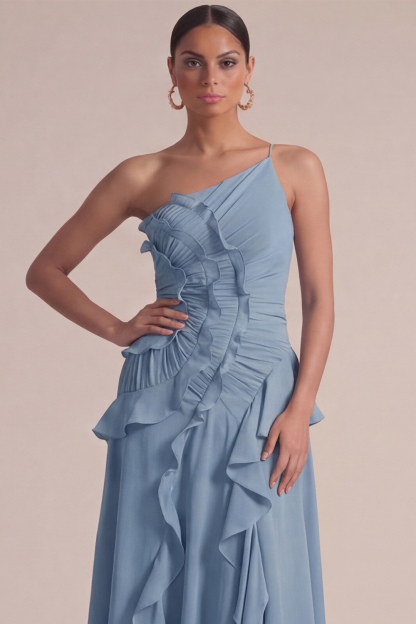 Dusty Blue Wedding Guest Dress One Shoulder Ruffled Maxi Dress 