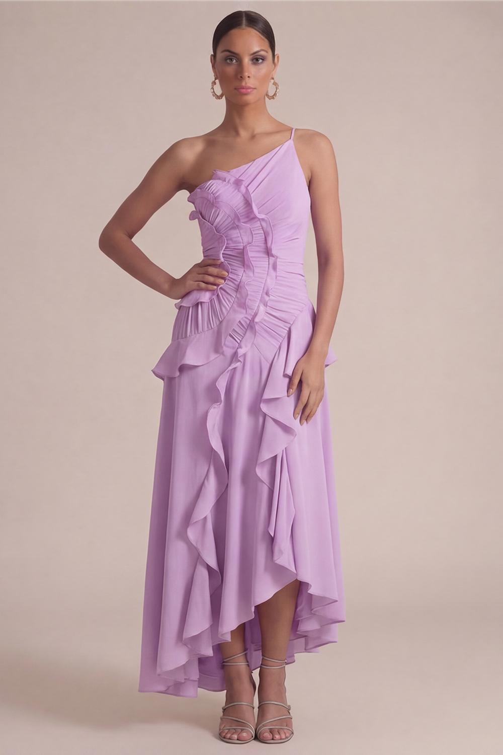 Dusty Blue Wedding Guest Dress One Shoulder Ruffled Maxi Dress 