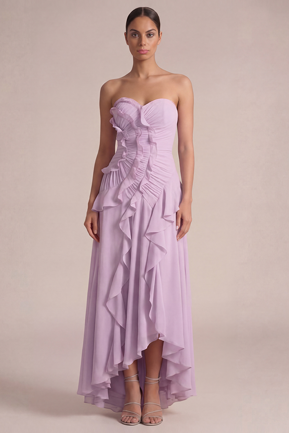 Dusty Pink Wedding Guest Dress Strapless Ruffled High-Low Dress