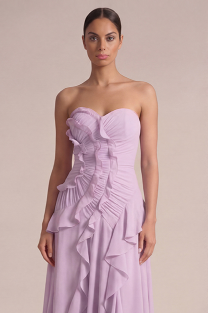 Dusty Pink Wedding Guest Dress Strapless Ruffled High-Low Dress 