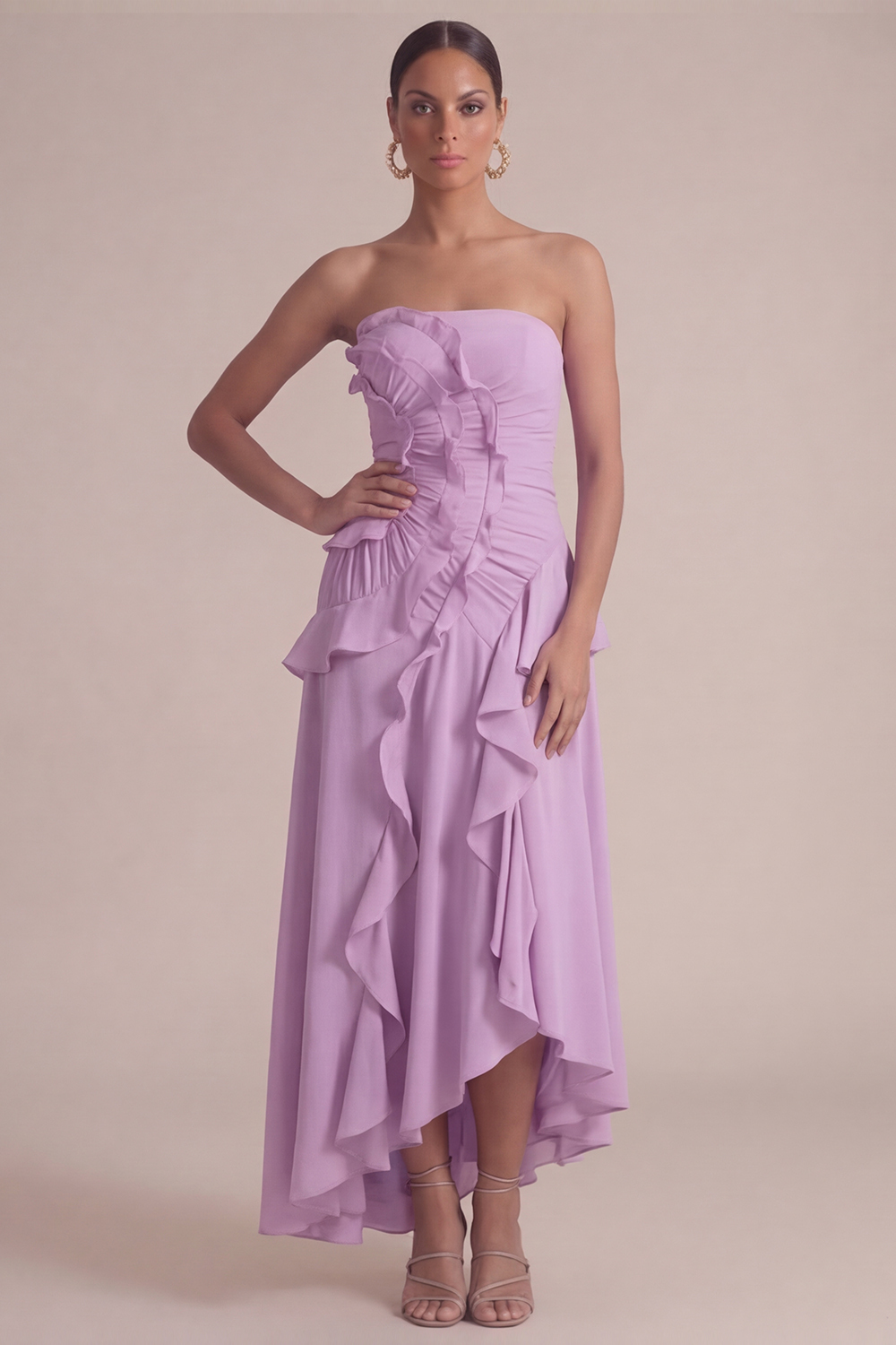Dusty Pink Wedding Guest Dress Strapless Ruffled High-Low Dress 