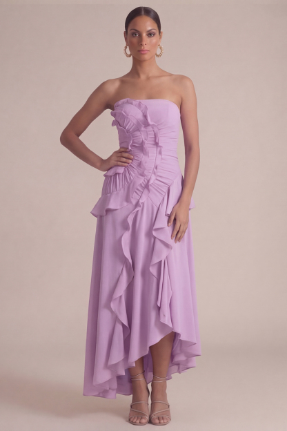 Dusty Pink Wedding Guest Dress Strapless Ruffled High-Low Dress 