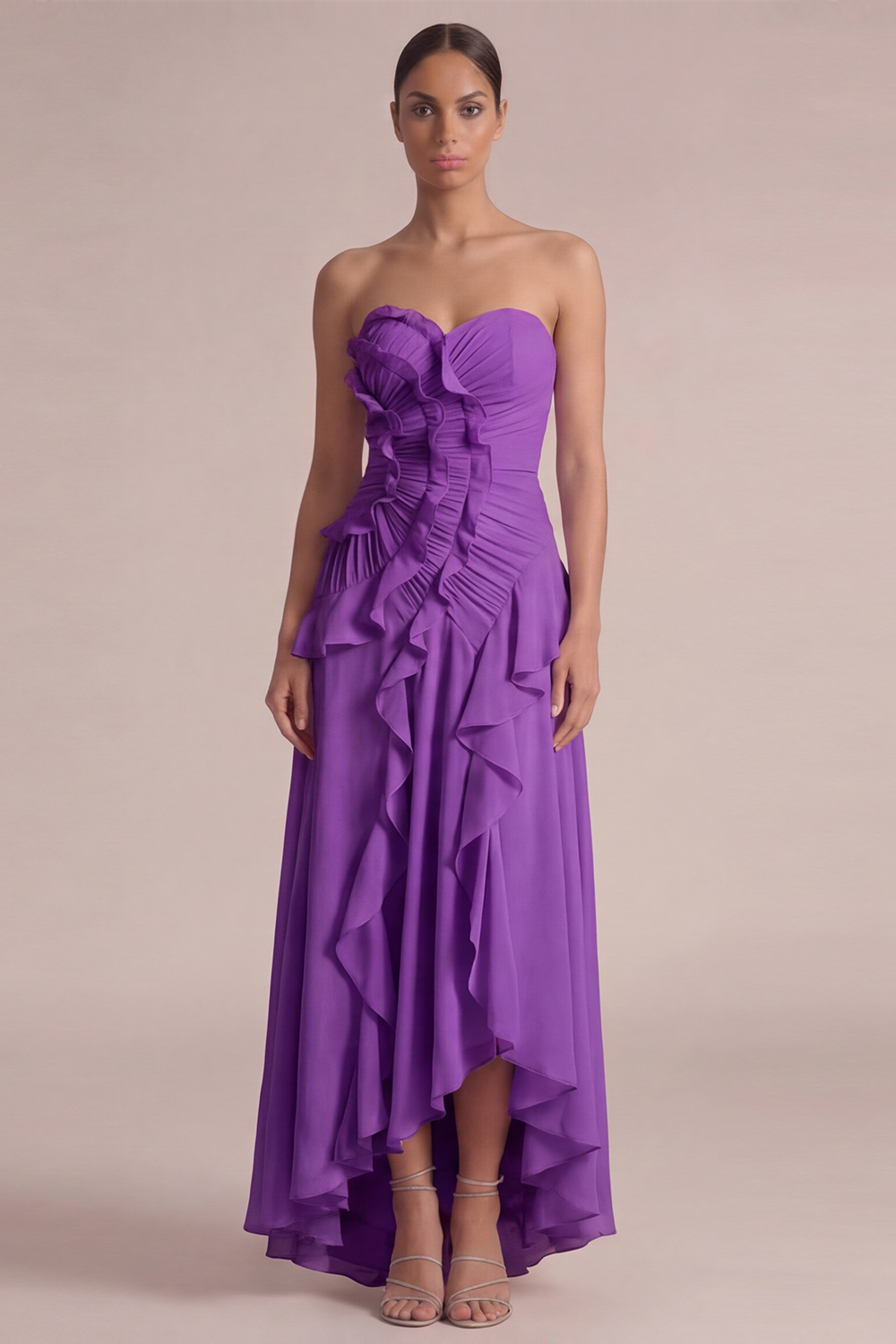 Dusty Pink Wedding Guest Dress Strapless Ruffled High-Low Dress 