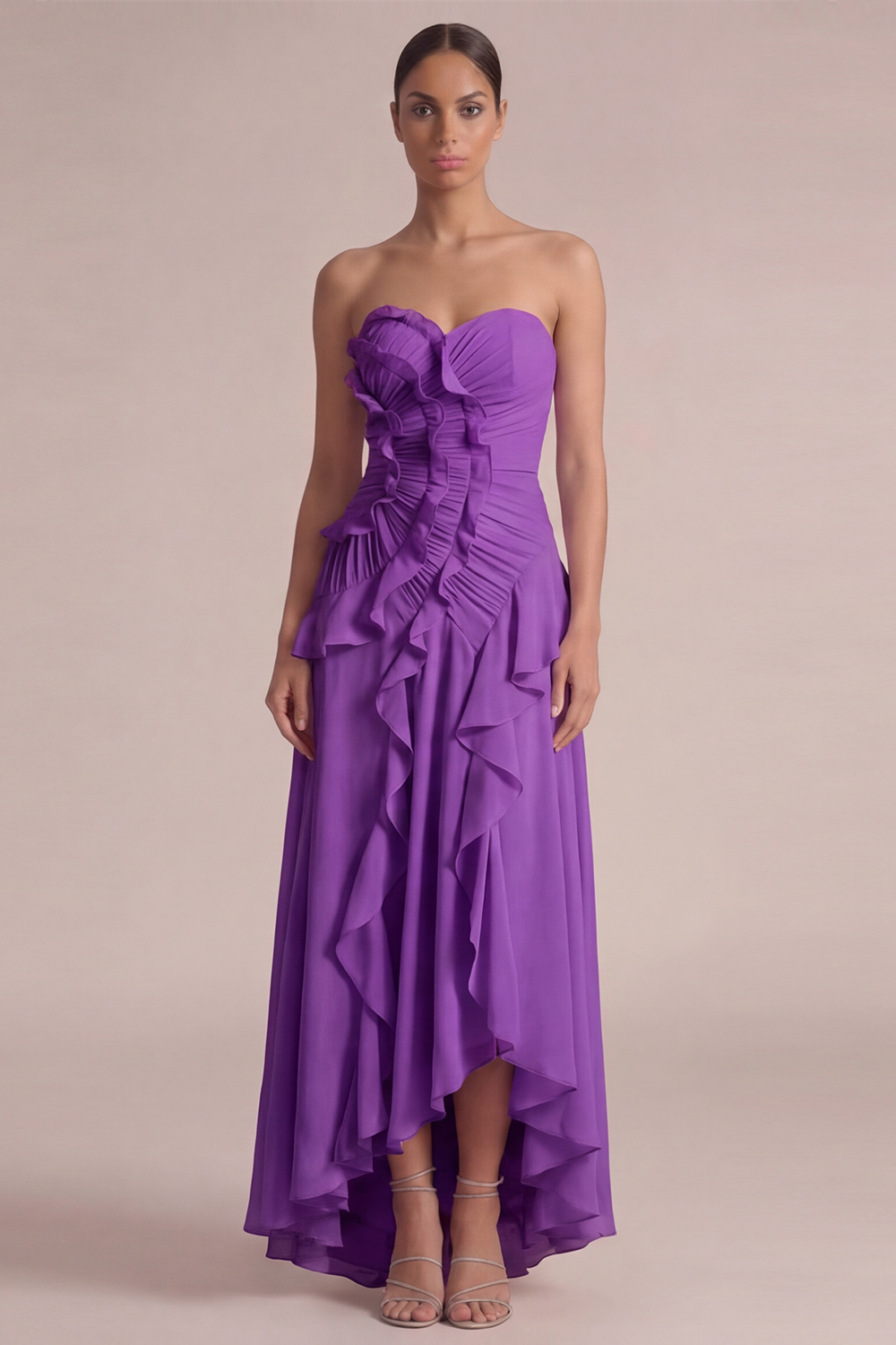 Dusty Pink Wedding Guest Dress Strapless Ruffled High-Low Dress 