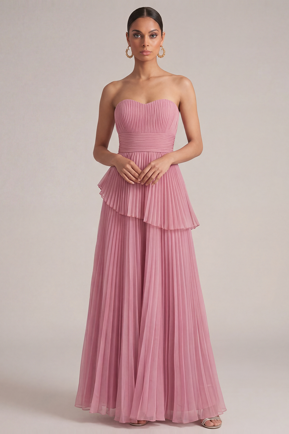 Rose Pink Wedding Guest Dress A-Line Strapless Pleated Maxi Dress