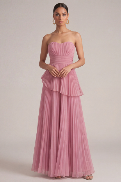 Rose Pink Wedding Guest Dress A-Line Strapless Pleated Maxi Dress 