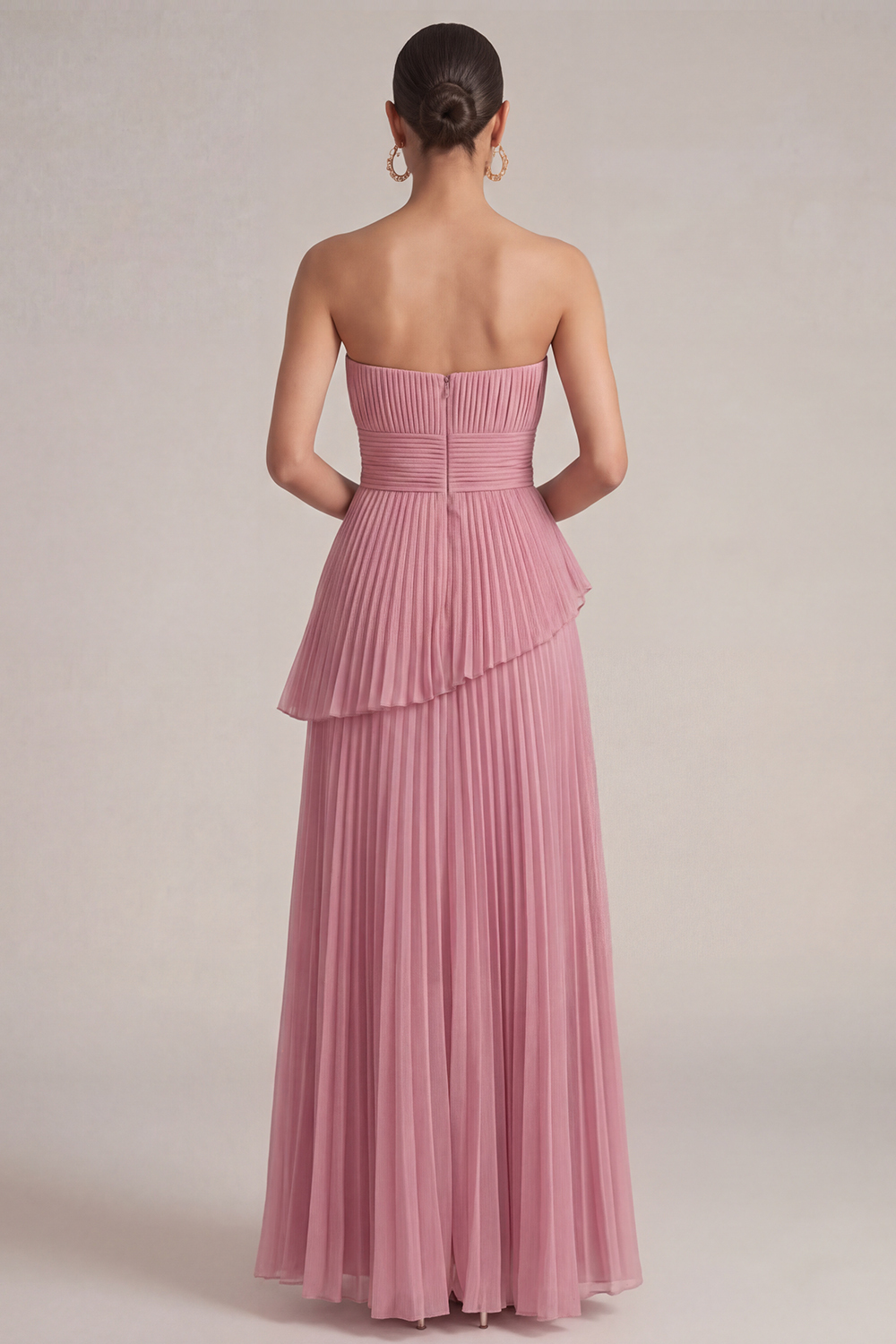 Rose Pink Wedding Guest Dress A-Line Strapless Pleated Maxi Dress 