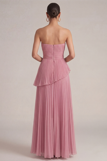 Rose Pink Wedding Guest Dress A-Line Strapless Pleated Maxi Dress 