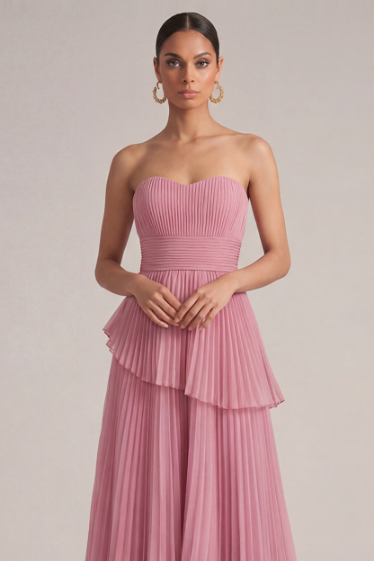Rose Pink Wedding Guest Dress A-Line Strapless Pleated Maxi Dress 