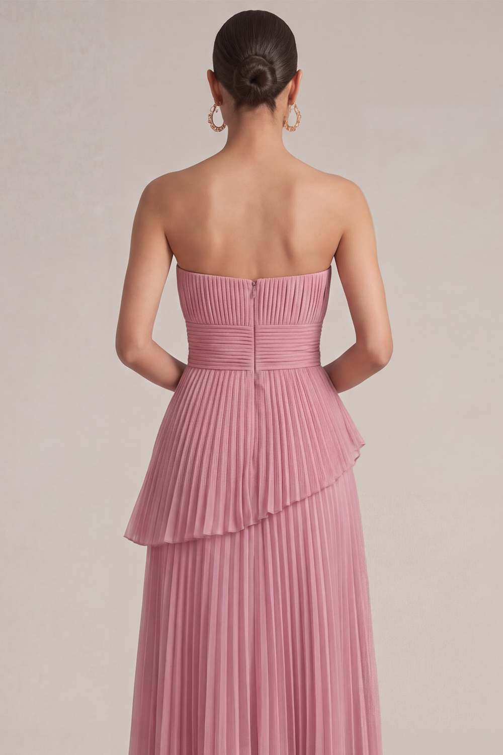 Rose Pink Wedding Guest Dress A-Line Strapless Pleated Maxi Dress 