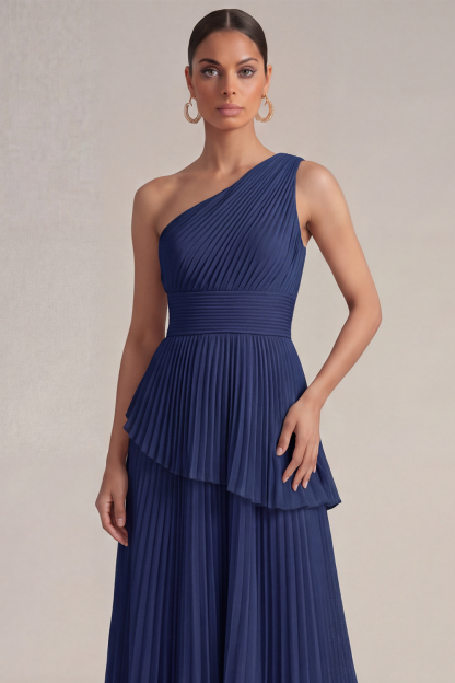 Rose Pink Wedding Guest Dress A-Line One Shoulder Pleated Maxi Dress 