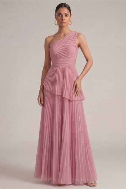 Rose Pink Wedding Guest Dress A-Line One Shoulder Pleated Maxi Dress 