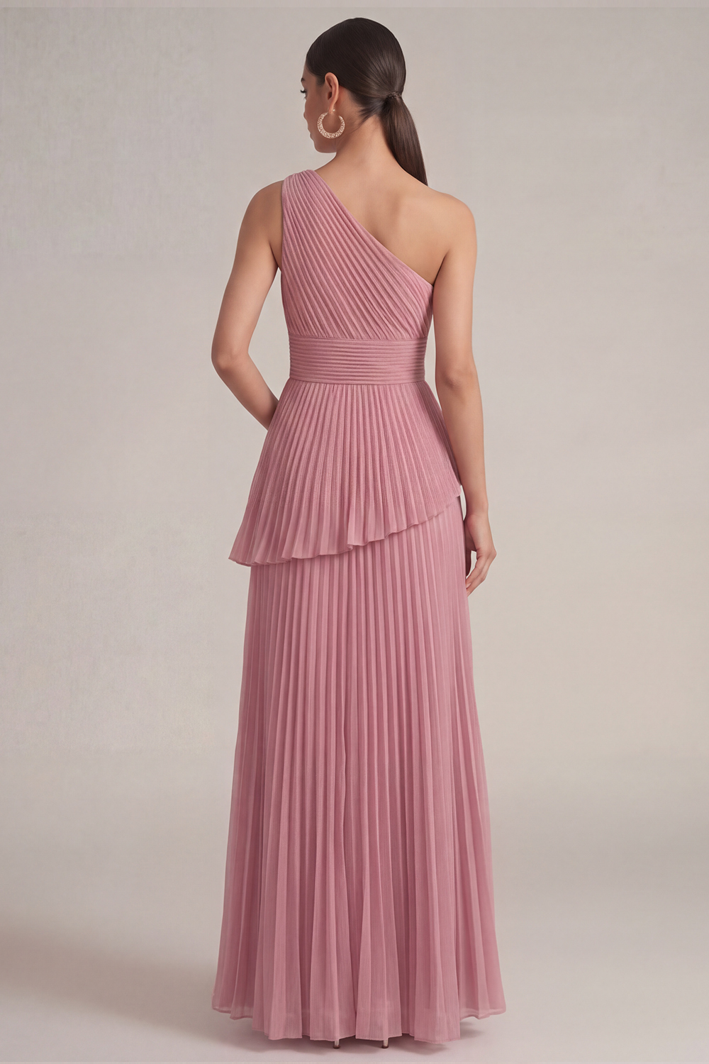 Rose Pink Wedding Guest Dress A-Line One Shoulder Pleated Maxi Dress 