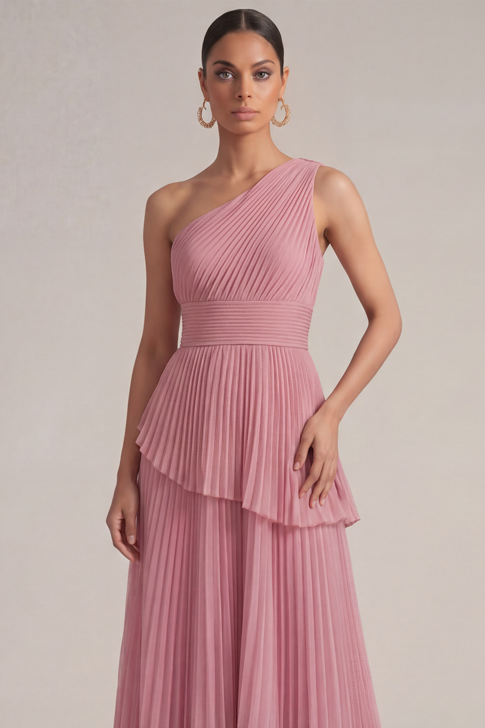 Rose Pink Wedding Guest Dress A-Line One Shoulder Pleated Maxi Dress 