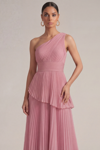 Rose Pink Wedding Guest Dress A-Line One Shoulder Pleated Maxi Dress 