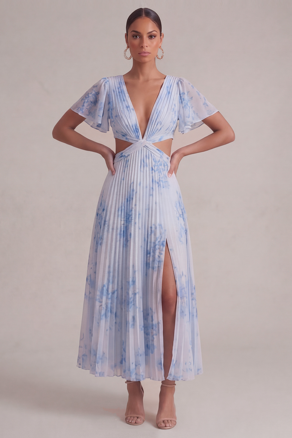 Blue Flower Wedding Guest Dress V-Neck Hollow Out Maxi Dress with Slit