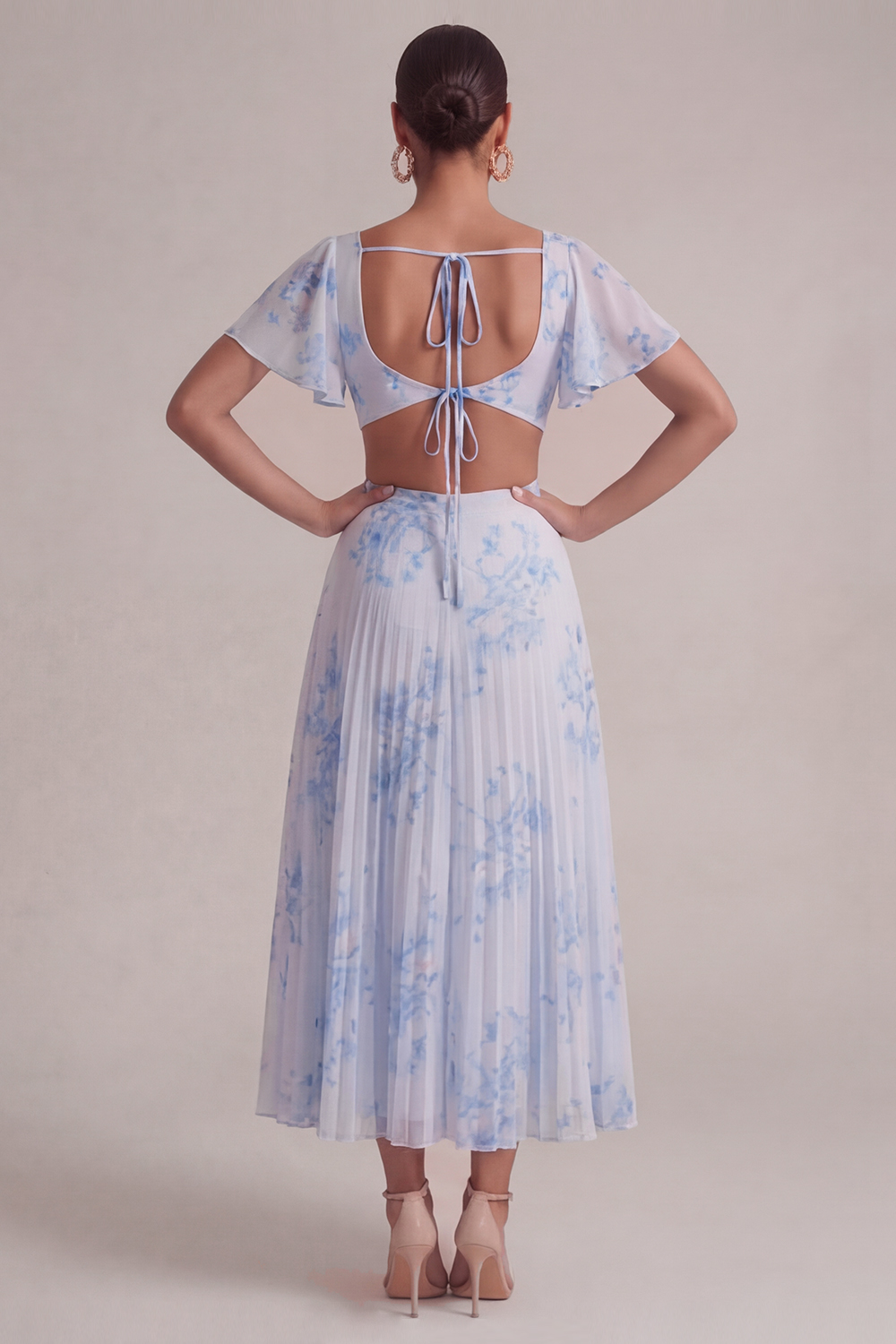 Blue Flower Wedding Guest Dress V-Neck Hollow Out Maxi Dress with Slit