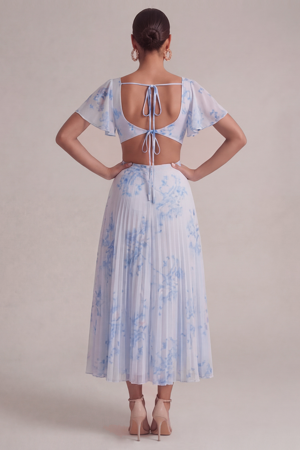 Blue Flower Wedding Guest Dress V-Neck Hollow Out Maxi Dress with Slit