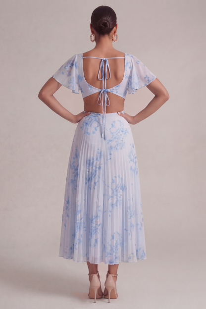 Blue Flower Wedding Guest Dress V-Neck Hollow Out Maxi Dress with Slit