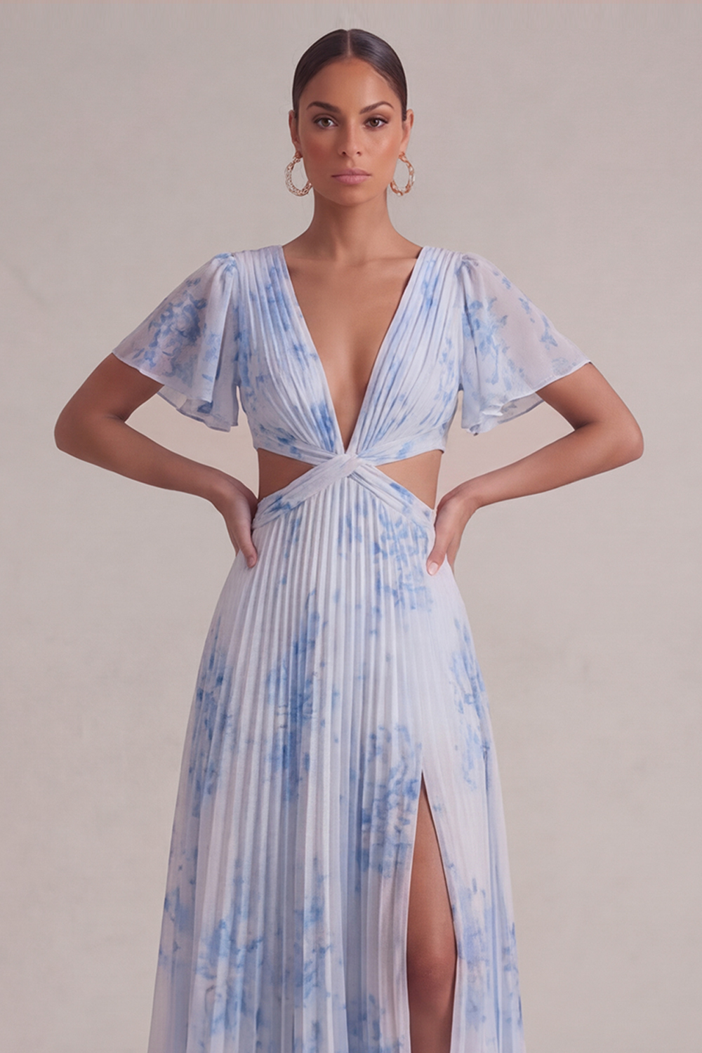 Blue Flower Wedding Guest Dress V-Neck Hollow Out Maxi Dress with Slit