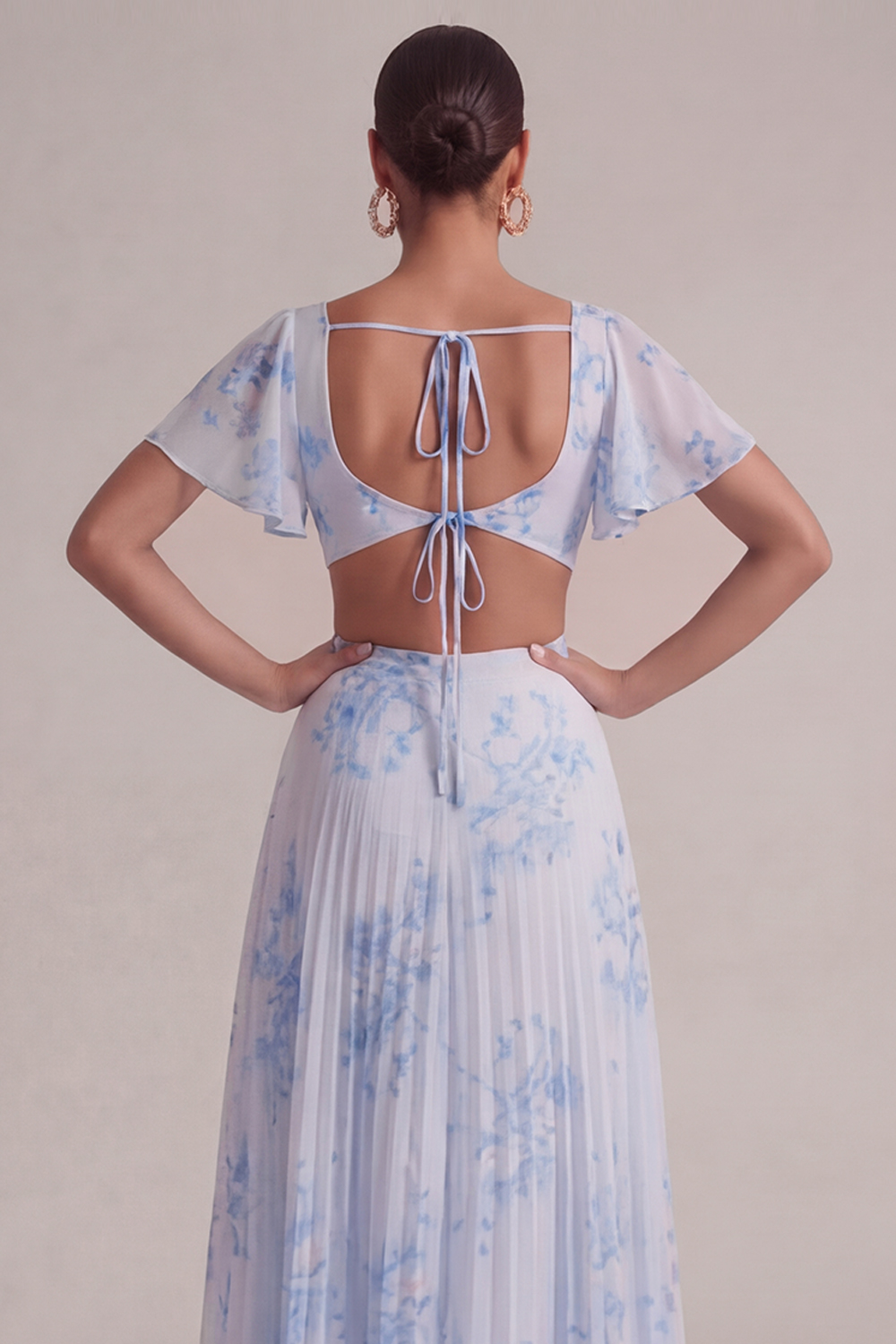 Blue Flower Wedding Guest Dress V-Neck Hollow Out Maxi Dress with Slit