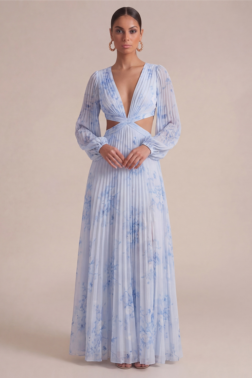Blue Flower Wedding Guest Dress V-Neck Long Sleeve Maxi Dress