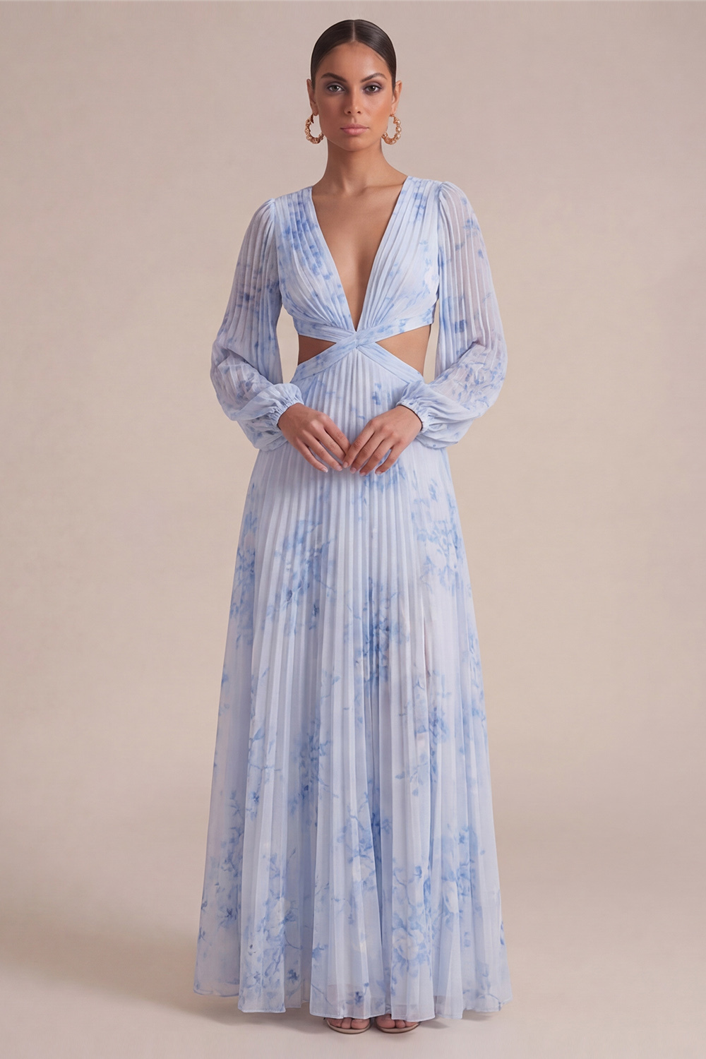 Blue Flower Wedding Guest Dress V-Neck Long Sleeve Maxi Dress