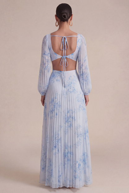 Blue Flower Wedding Guest Dress V-Neck Long Sleeve Maxi Dress