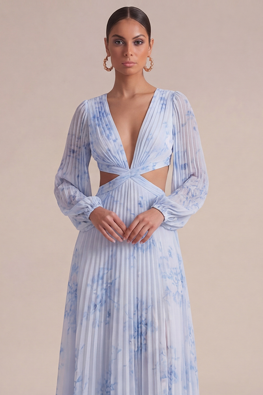 Blue Flower Wedding Guest Dress V-Neck Long Sleeve Maxi Dress