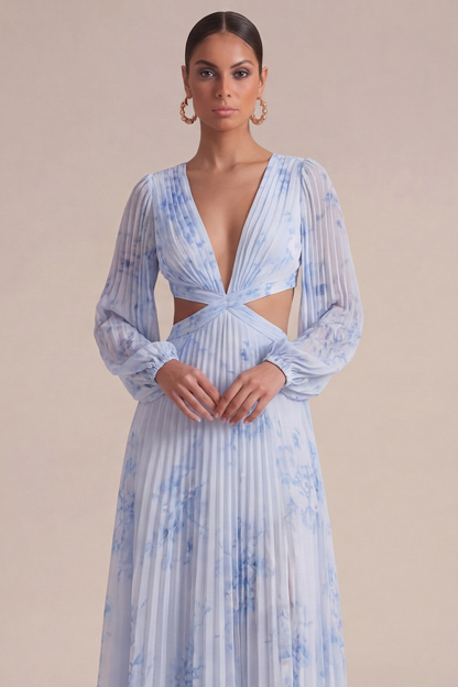 Blue Flower Wedding Guest Dress V-Neck Long Sleeve Maxi Dress