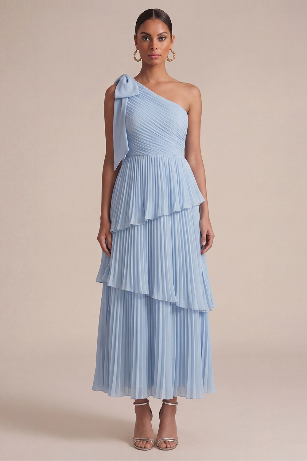Light Blue Wedding Guest Dress One Shoulder Tiered Pleated Maxi Dress 