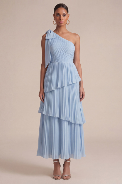 Light Blue Wedding Guest Dress One Shoulder Tiered Pleated Maxi Dress 