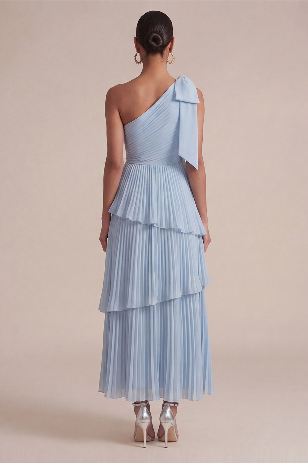 Light Blue Wedding Guest Dress One Shoulder Tiered Pleated Maxi Dress 