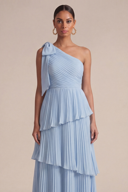 Light Blue Wedding Guest Dress One Shoulder Tiered Pleated Maxi Dress 