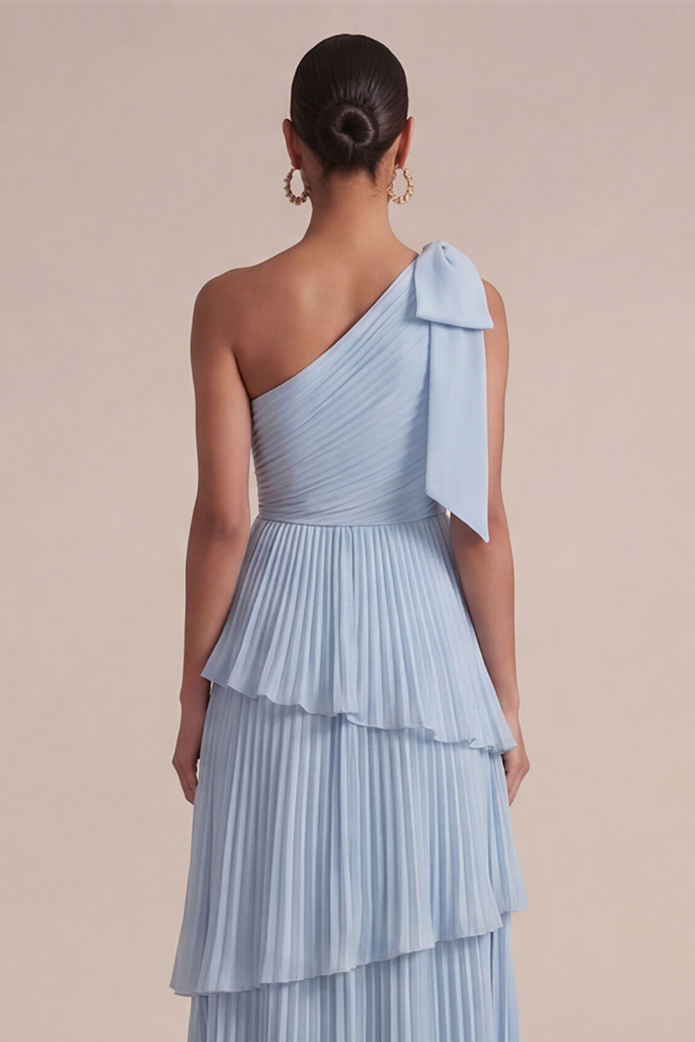 Light Blue Wedding Guest Dress One Shoulder Tiered Pleated Maxi Dress 