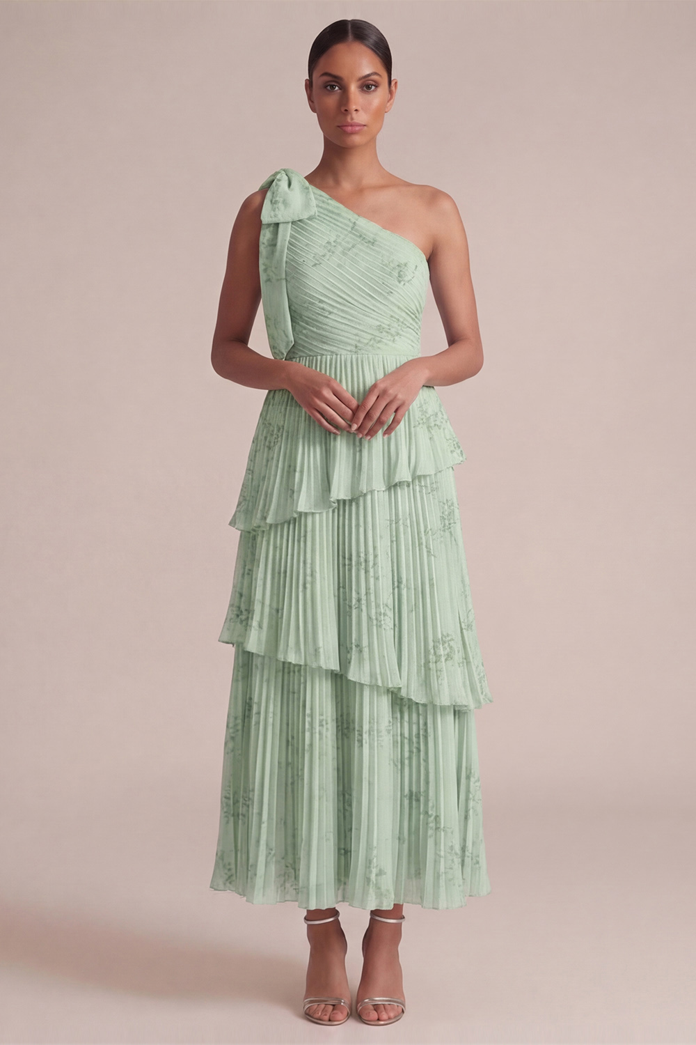 Light Blue Wedding Guest Dress One Shoulder Tiered Pleated Maxi Dress