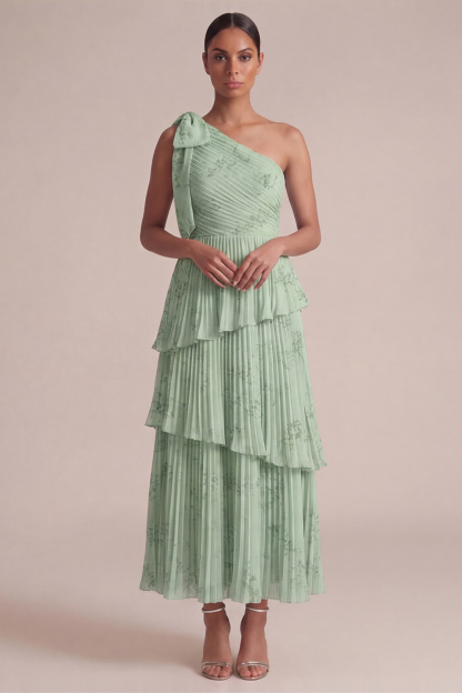 Light Blue Wedding Guest Dress One Shoulder Tiered Pleated Maxi Dress 