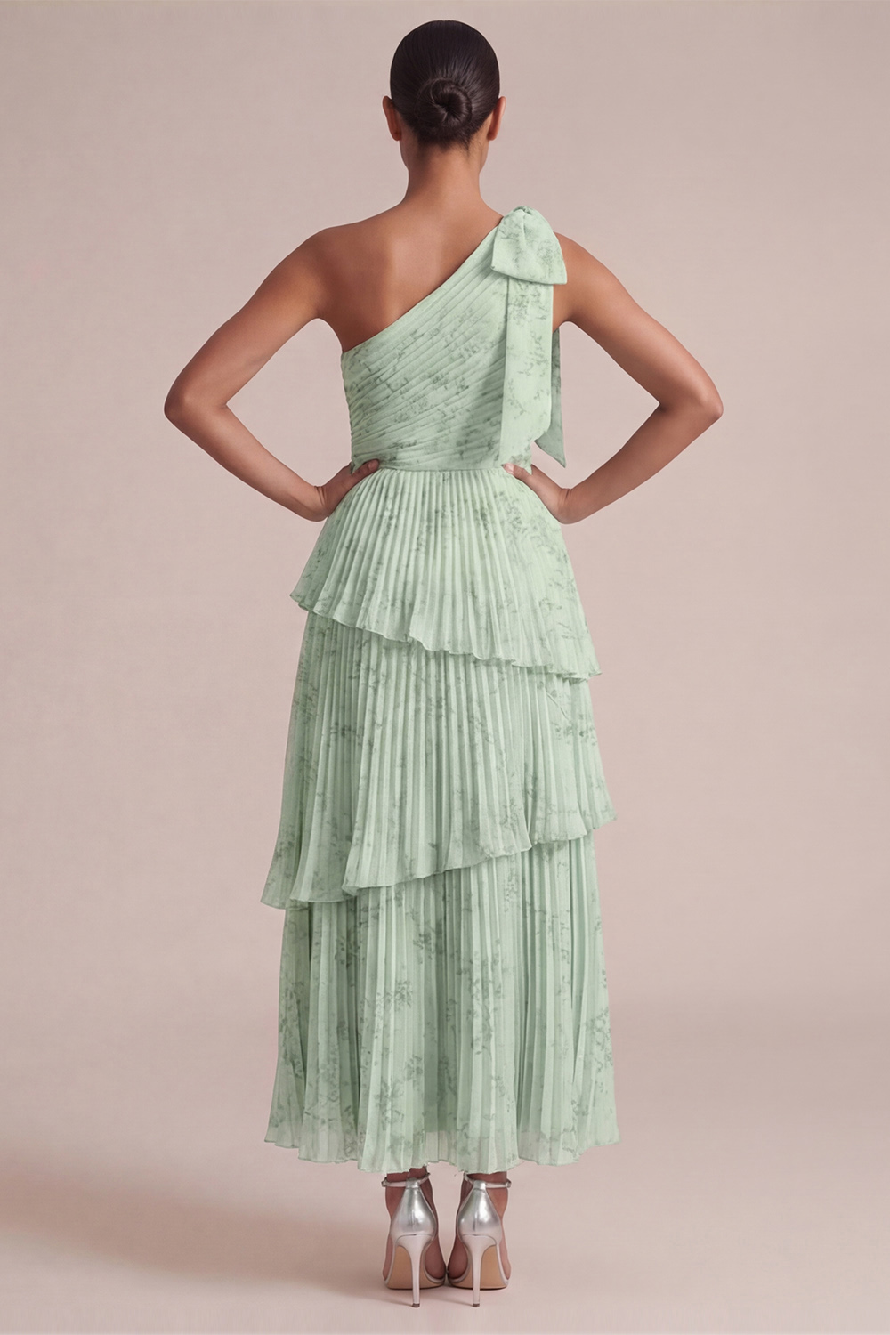 Light Blue Wedding Guest Dress One Shoulder Tiered Pleated Maxi Dress 