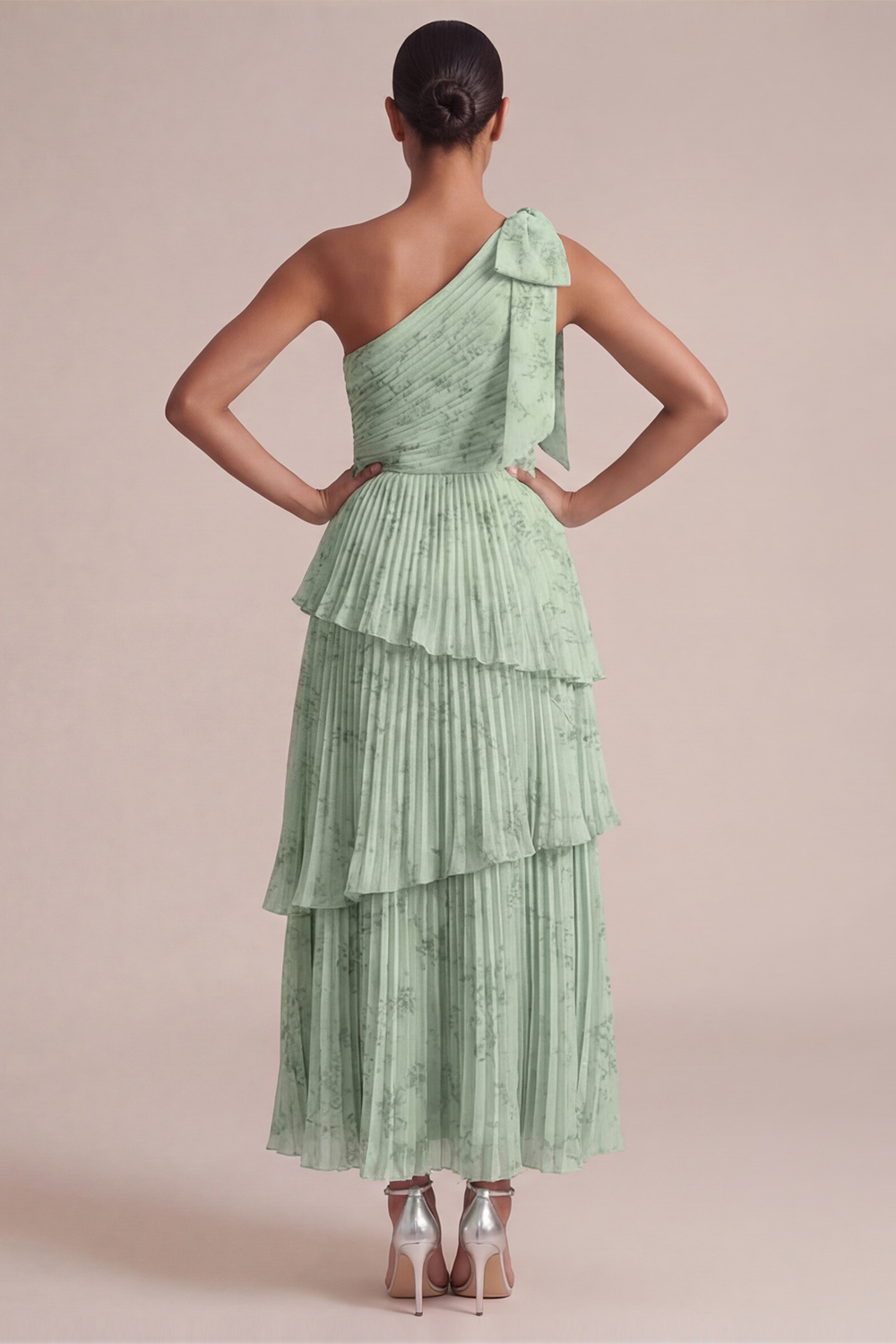 Light Blue Wedding Guest Dress One Shoulder Tiered Pleated Maxi Dress 