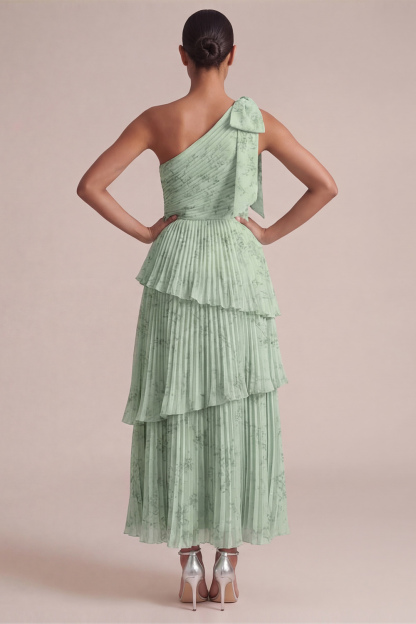 Light Blue Wedding Guest Dress One Shoulder Tiered Pleated Maxi Dress 