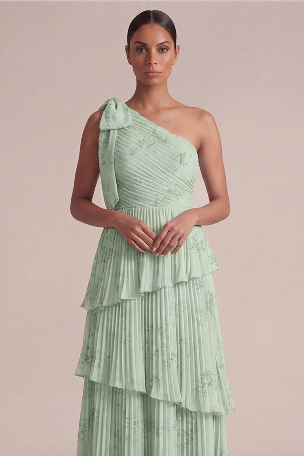 Light Blue Wedding Guest Dress One Shoulder Tiered Pleated Maxi Dress 