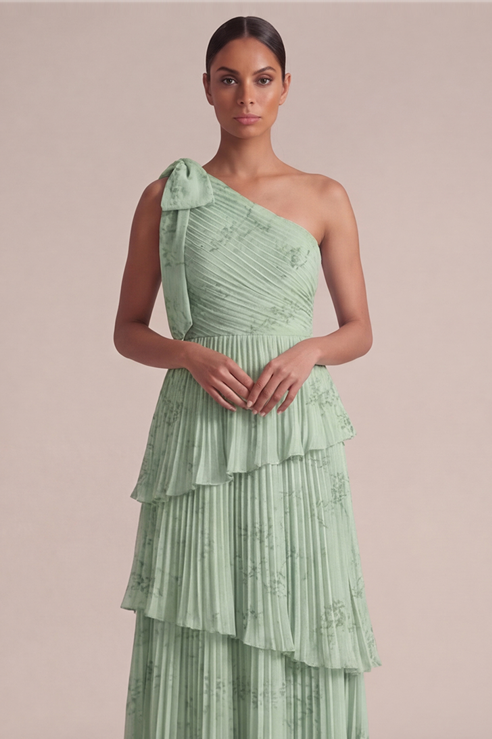 Light Blue Wedding Guest Dress One Shoulder Tiered Pleated Maxi Dress 