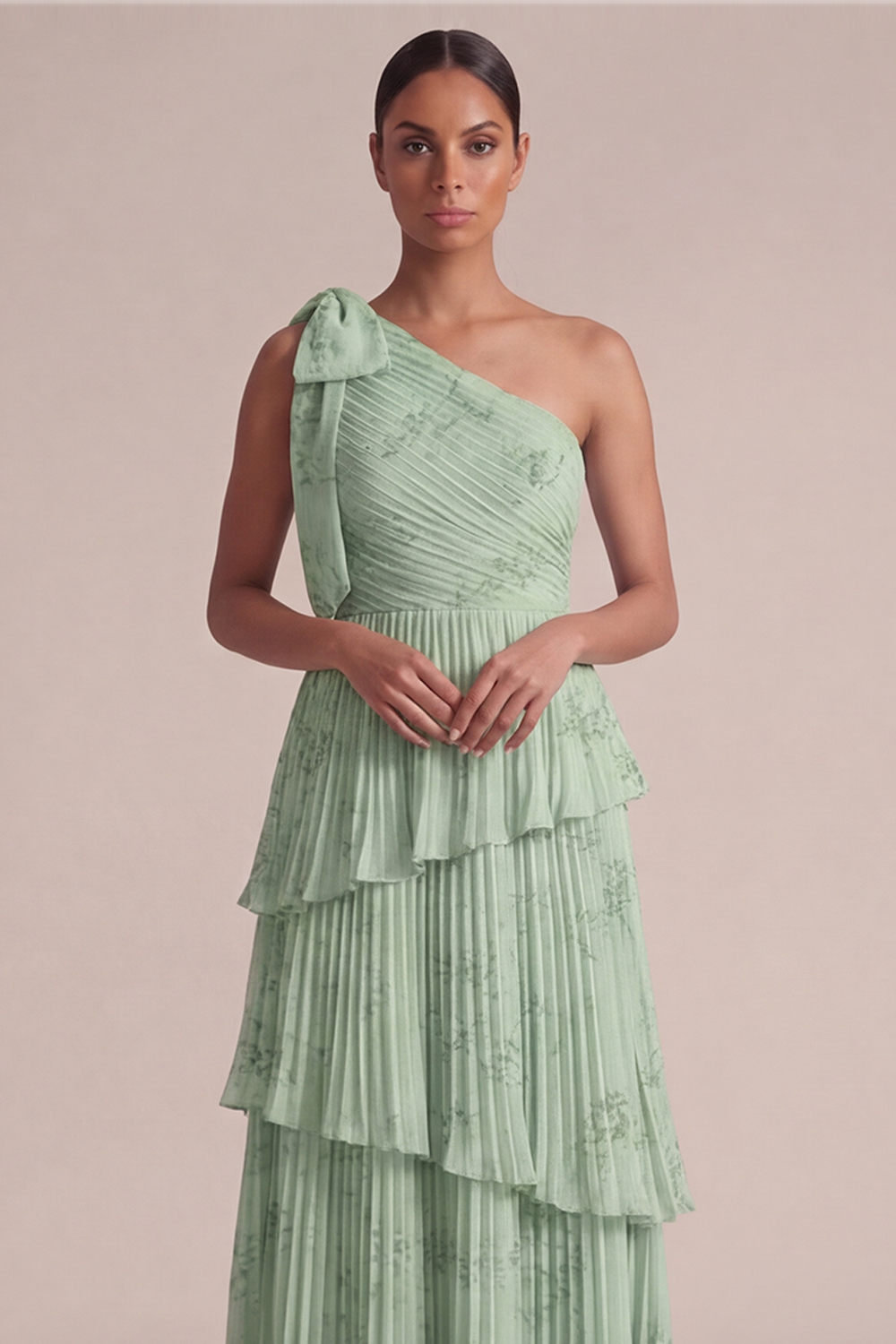 Light Blue Wedding Guest Dress One Shoulder Tiered Pleated Maxi Dress 