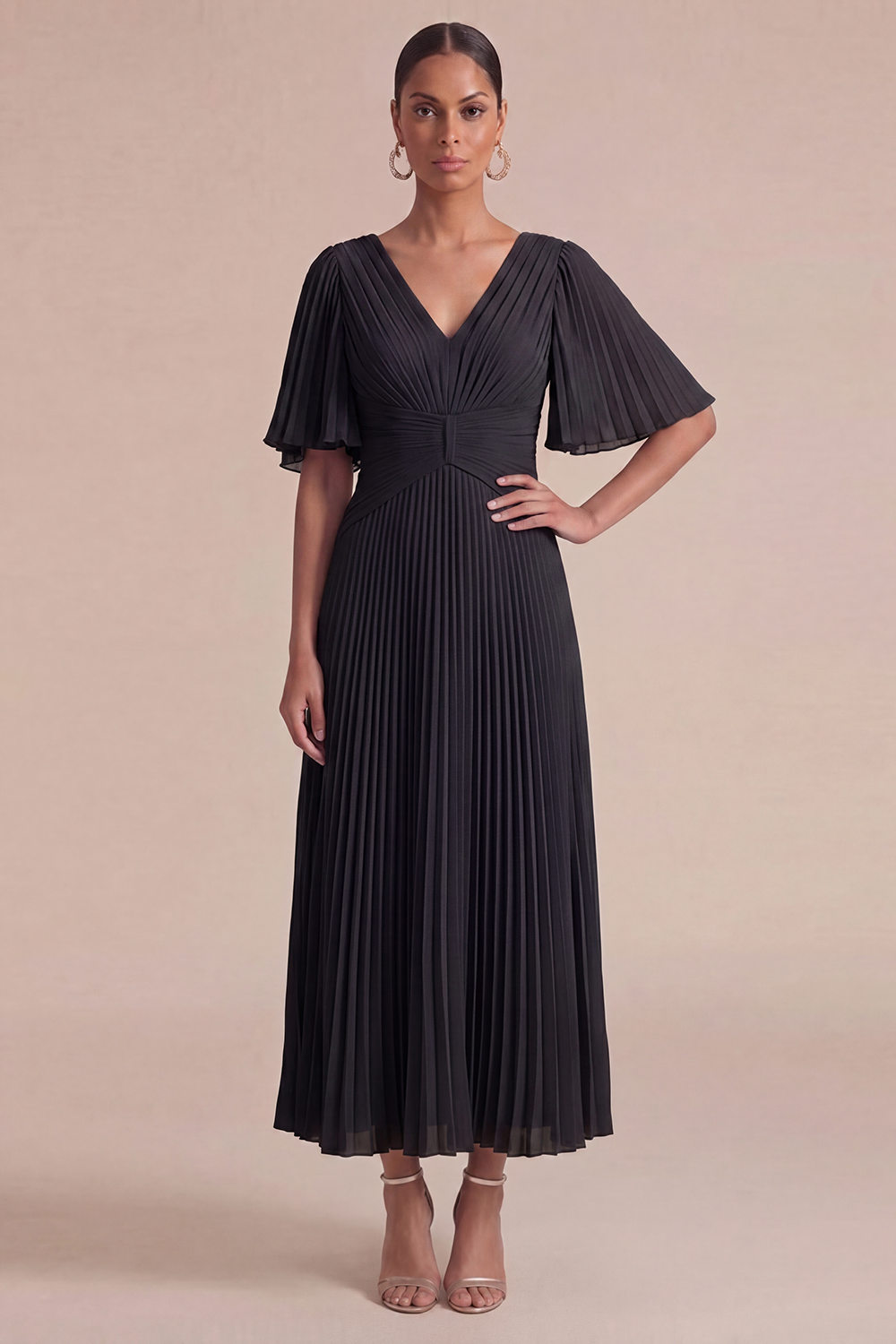 Dusty Blue Wedding Guest Dress V-Neck Ruffle Sleeve Pleated Maxi Dress