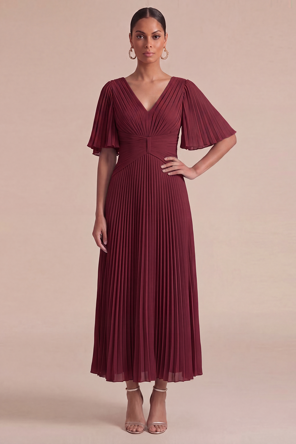 Dusty Blue Wedding Guest Dress V-Neck Ruffle Sleeve Pleated Maxi Dress