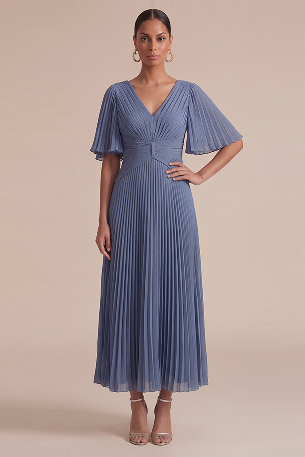 Dusty Blue Wedding Guest Dress V-Neck Ruffle Sleeve Pleated Maxi Dress 