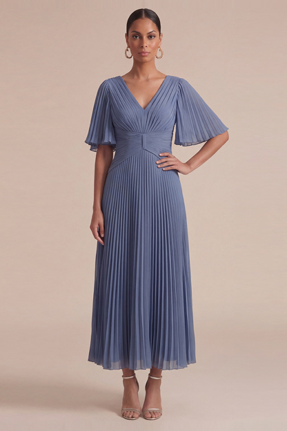 Dusty Blue Wedding Guest Dress V-Neck Ruffle Sleeve Pleated Maxi Dress 