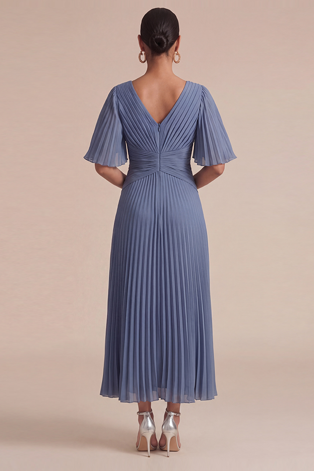 Dusty Blue Wedding Guest Dress V-Neck Ruffle Sleeve Pleated Maxi Dress 
